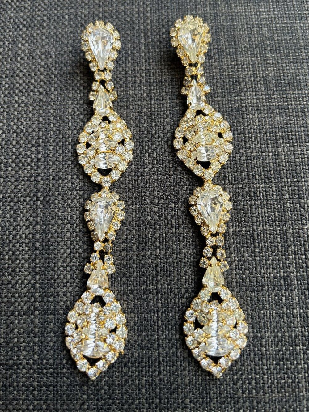 Gold Tone Crystal Rhinestone Drop Post Earrings Formal Evening Wear Statement